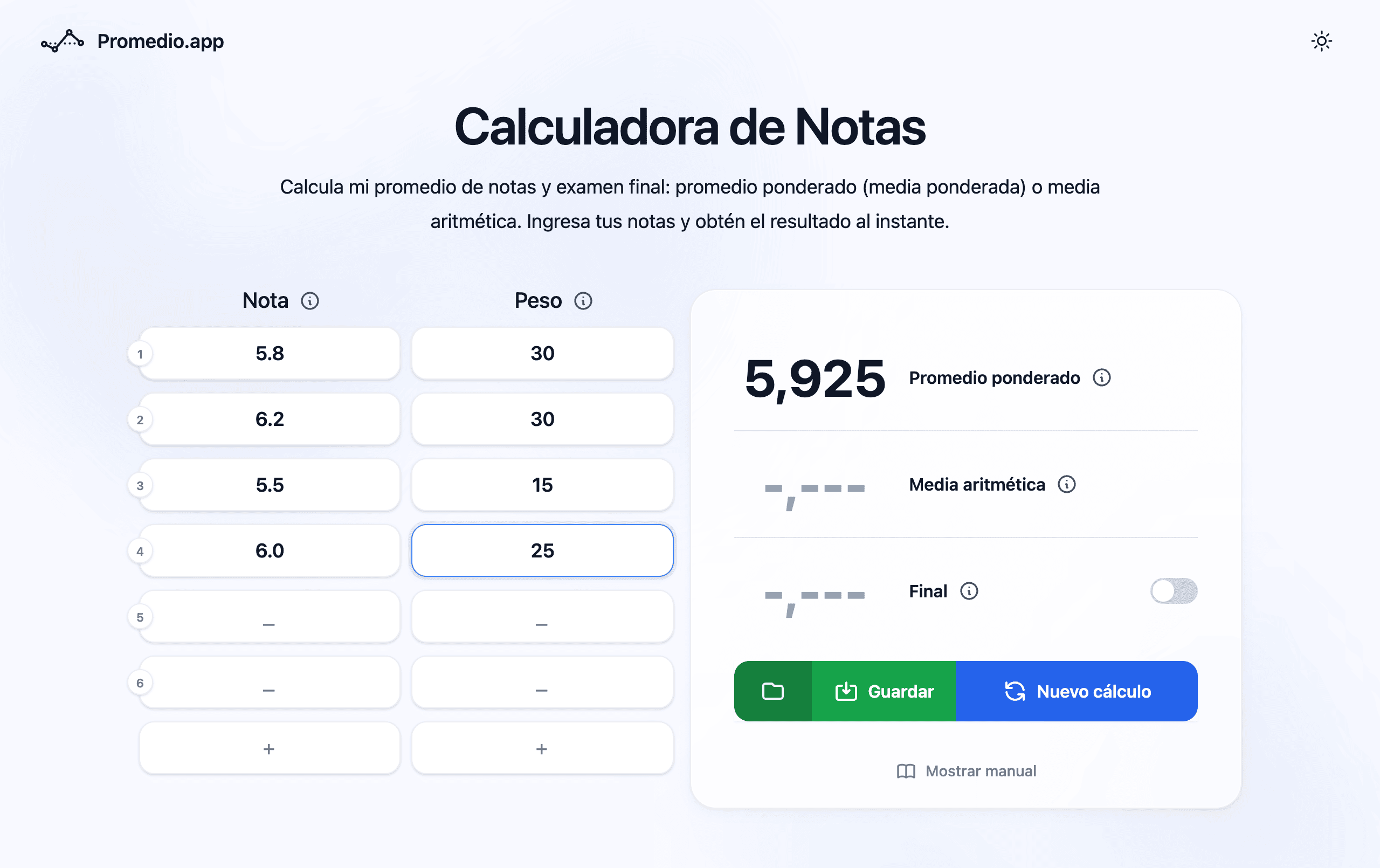 Calculadora de nota semestral Chile — promedio ponderado con porcentajes en Promedio.app