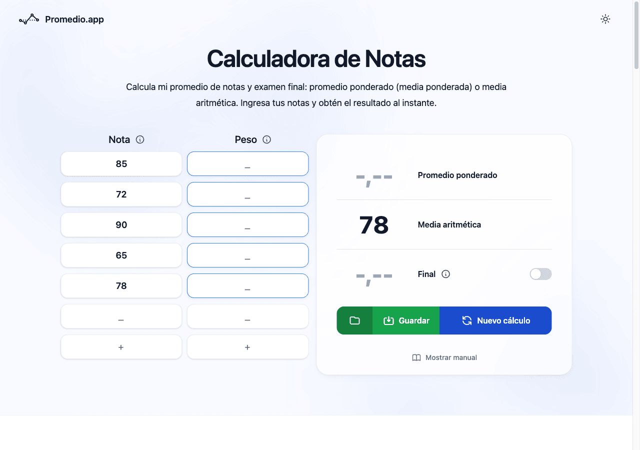 Media aritmética de notas escolares (0-100) en la calculadora Promedio.app