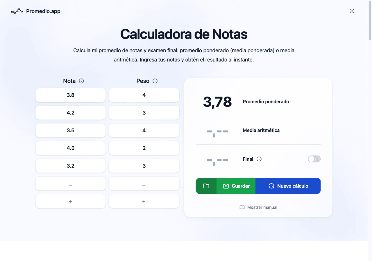 Calculadora PAPA en Promedio.app con 5 materias y créditos