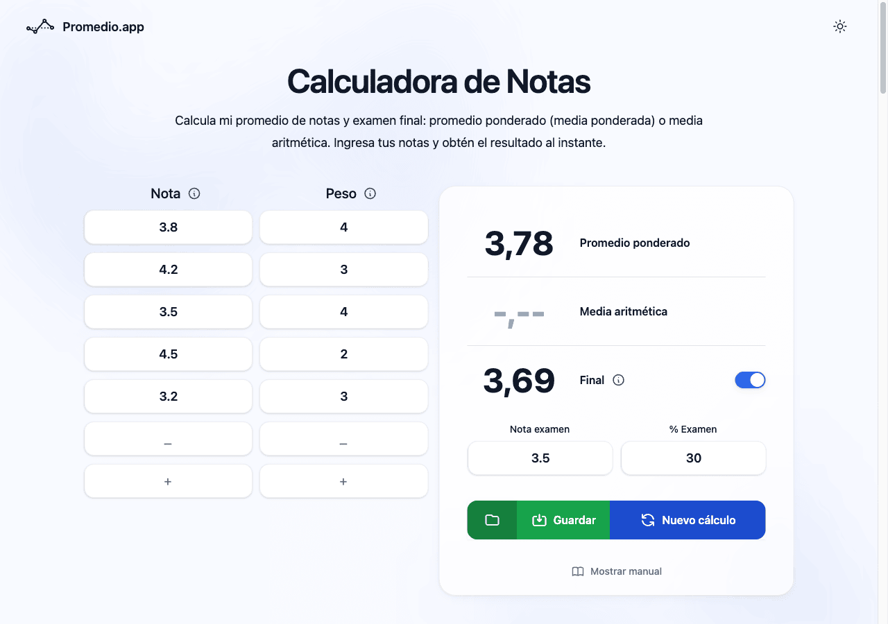Simulador de examen final en Colombia con promedio actual y porcentaje del final