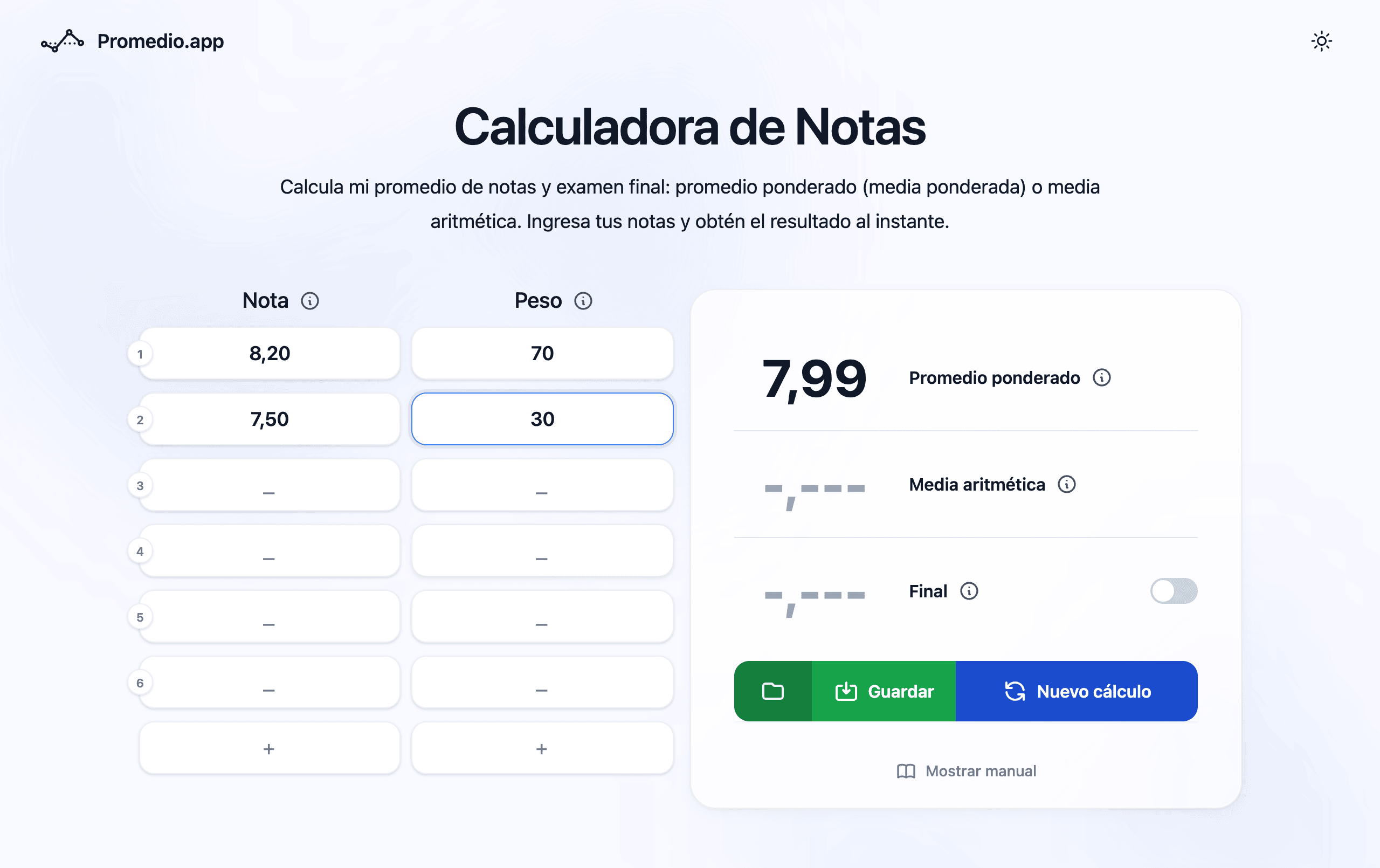 Calculadora de nota trimestral Ecuador — promedio ponderado 70/30 en Promedio.app