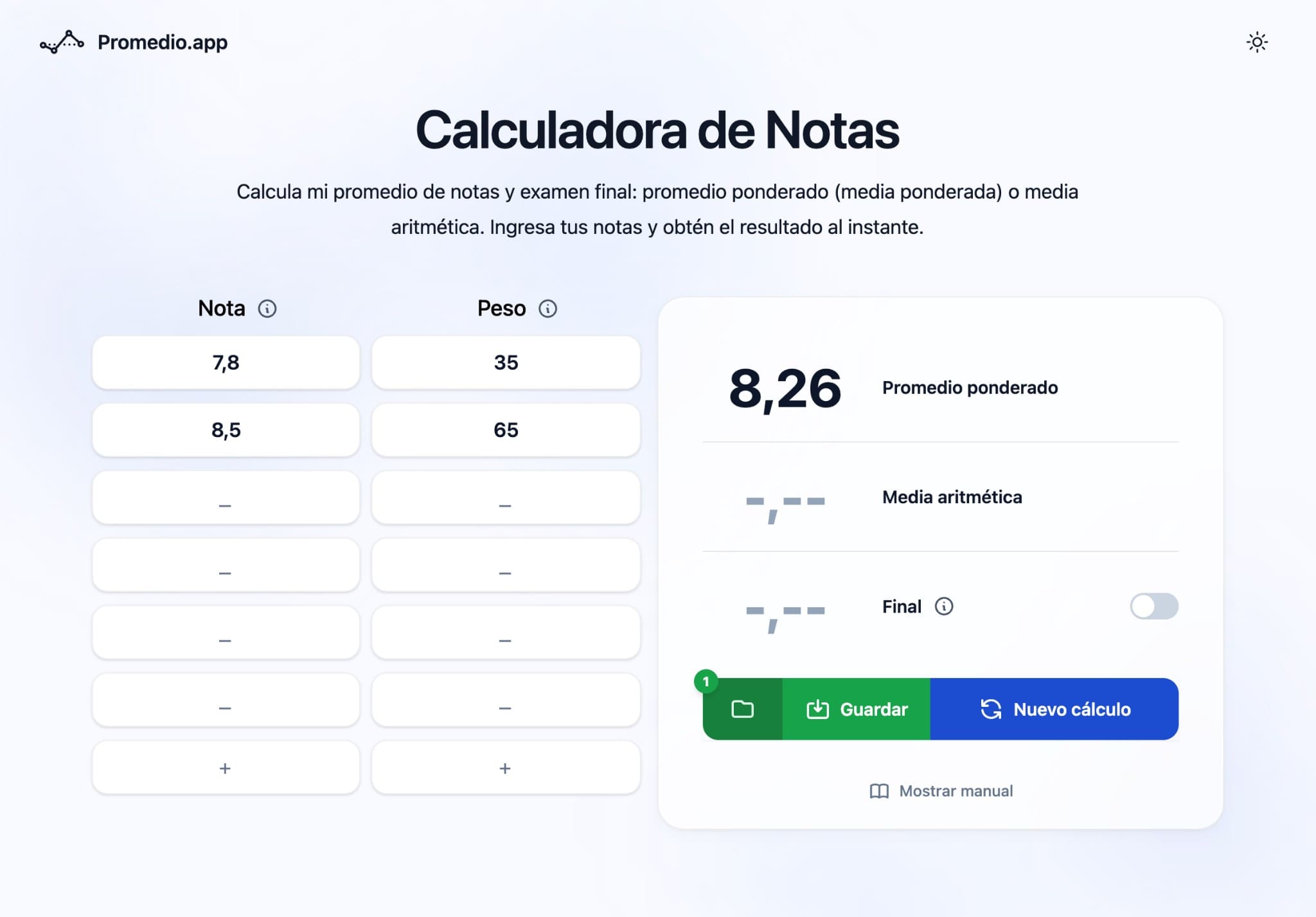 Calculadora de nota de postulación con promedio ponderado — examen y nota de grado en Promedio.app