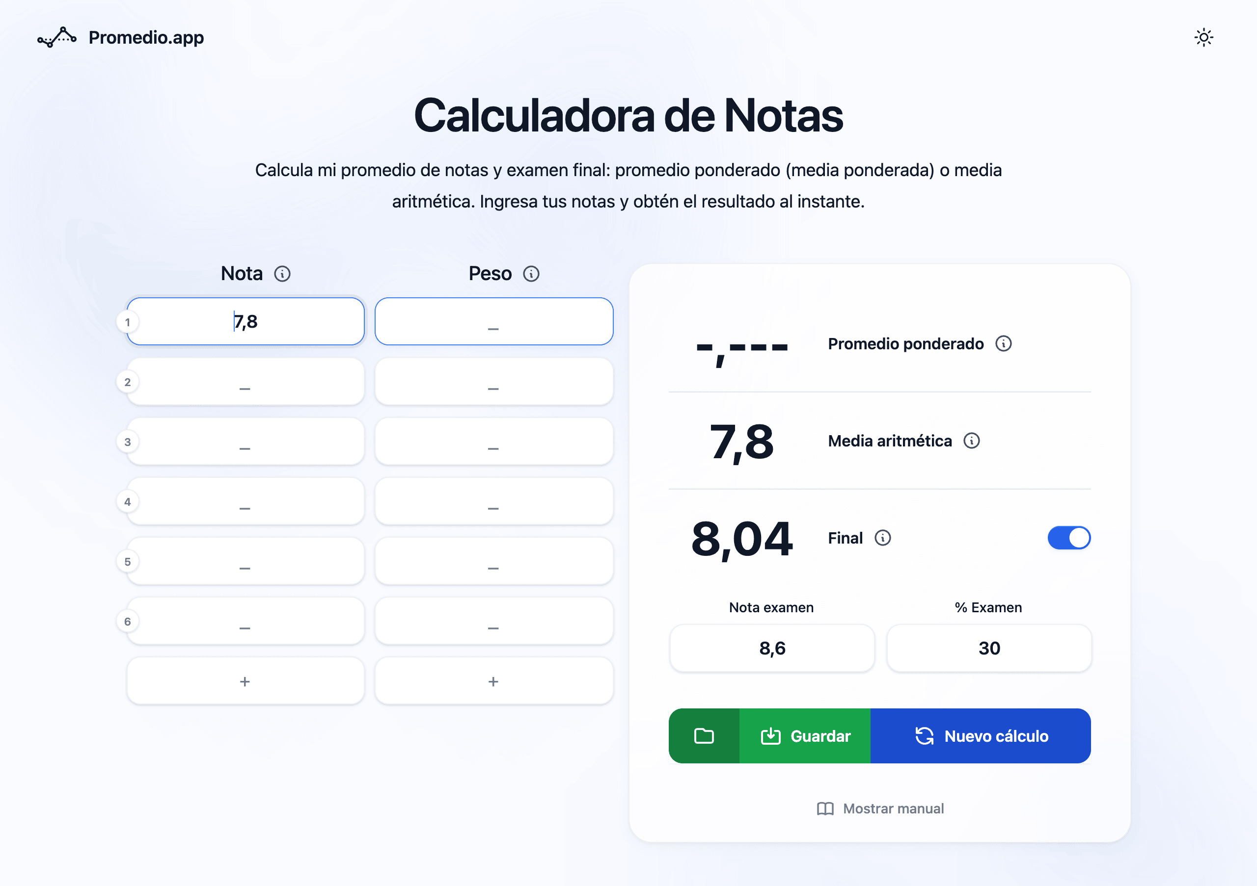 Simulador de examen final para notas en Perú