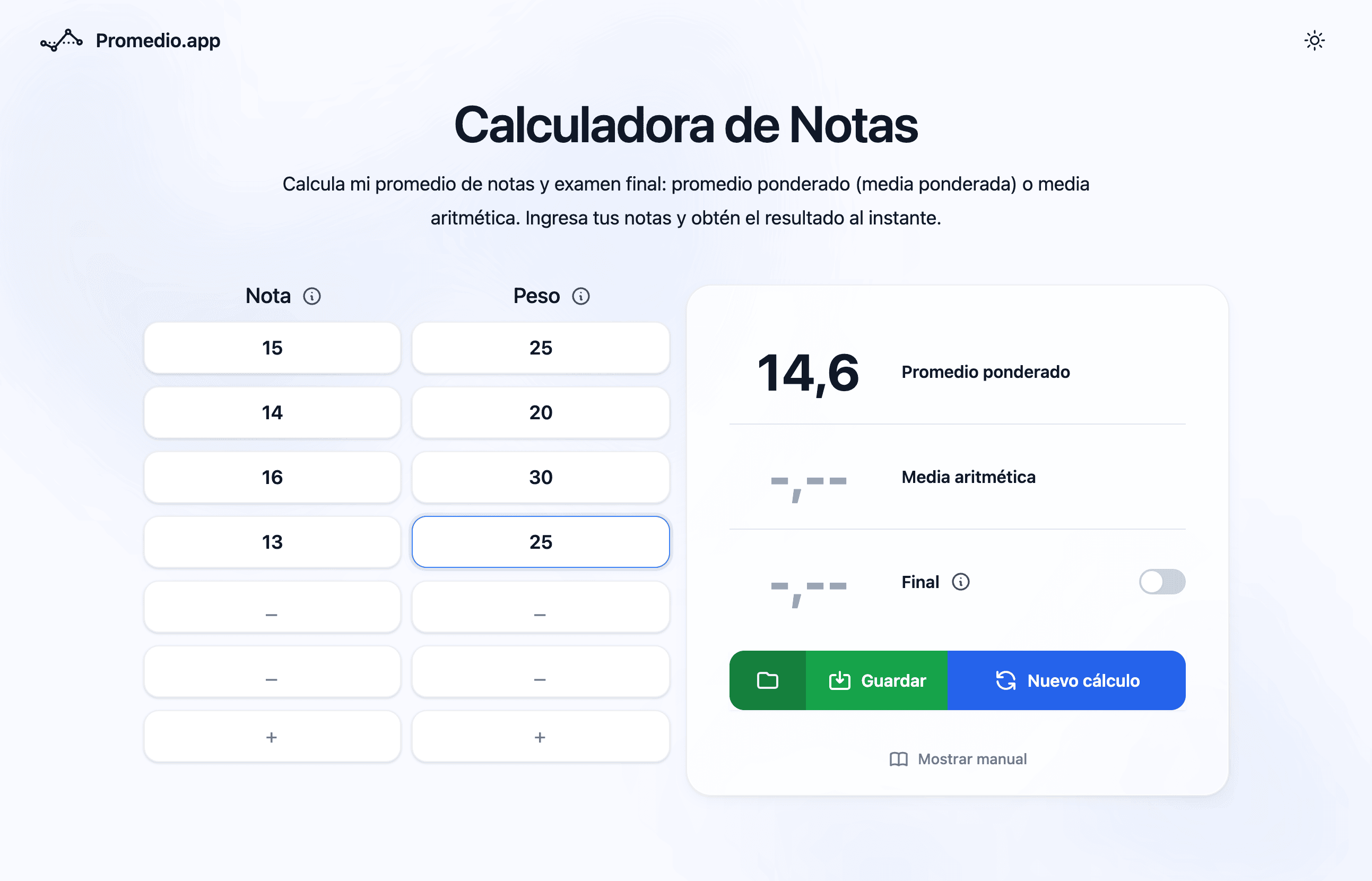 Calculadora de nota de una materia en Perú — componentes con porcentajes
