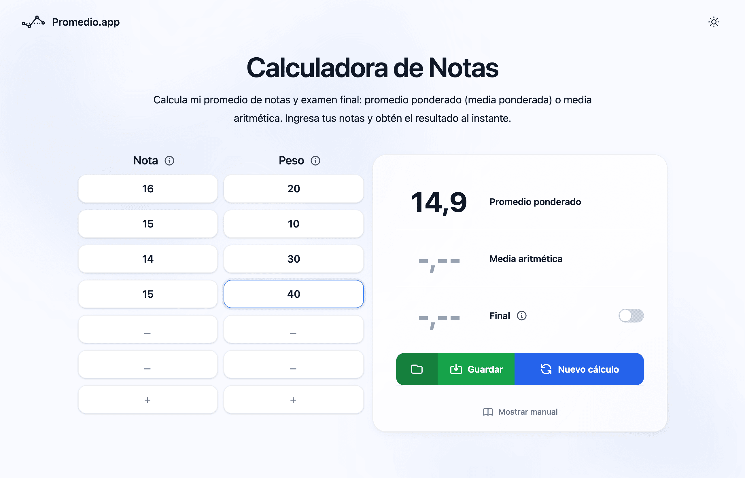 Calculadora de nota del bimestre en Perú — componentes con porcentajes