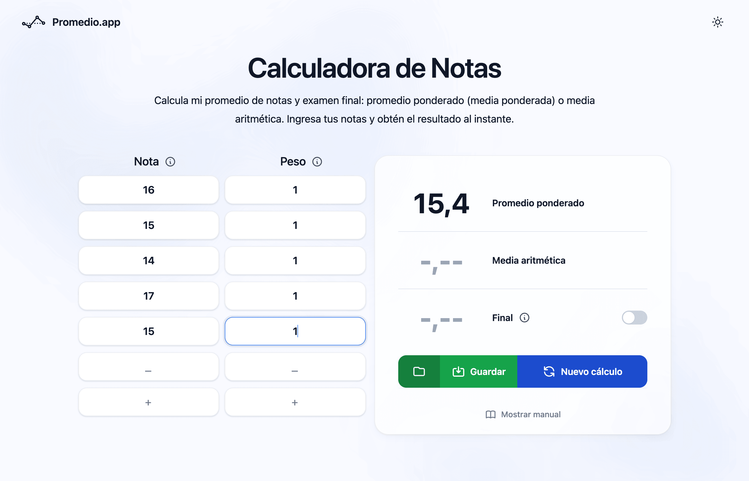 Calculadora de promedio aritmético para secundaria en Perú — escala 0-20