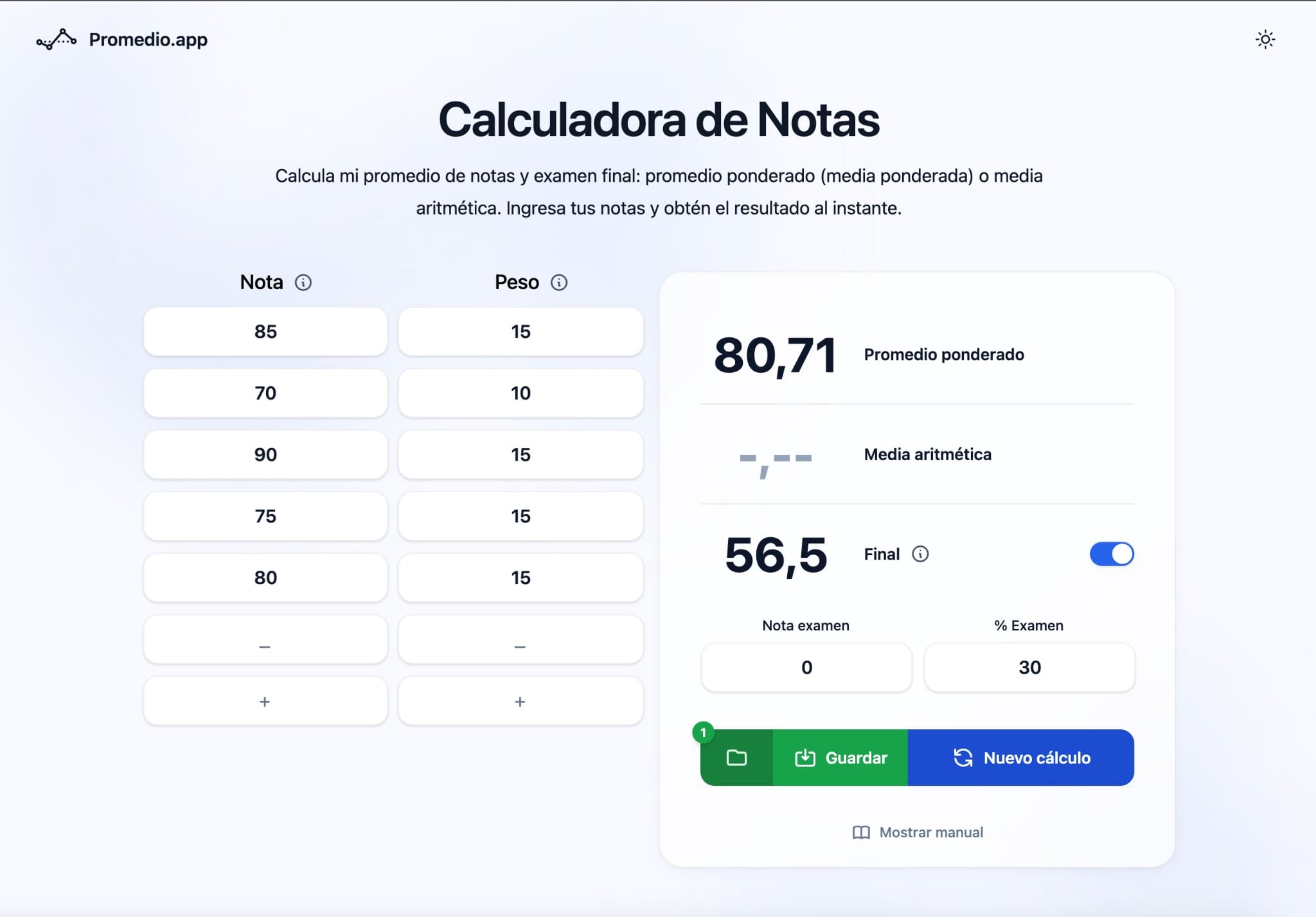 Calculadora de zona USAC en Promedio.app — zona 56,5 puntos con Final activado