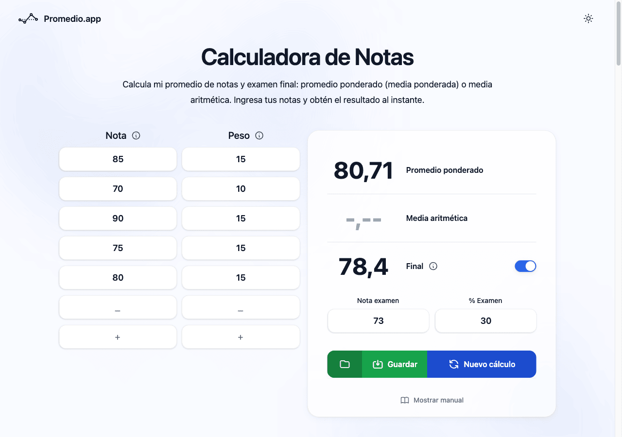Simulación de examen final USAC en la calculadora Promedio.app
